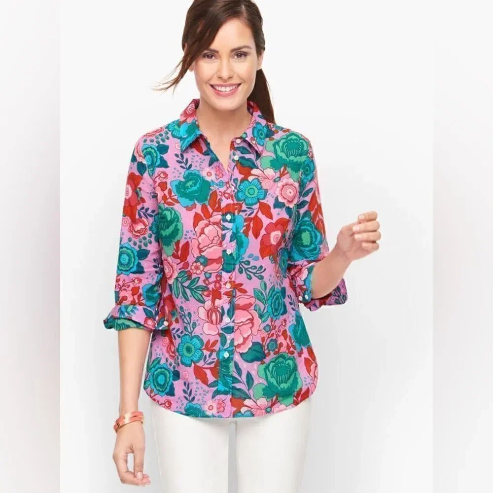 Talbots Cotton Button Front Shirt in Sketched Blooms